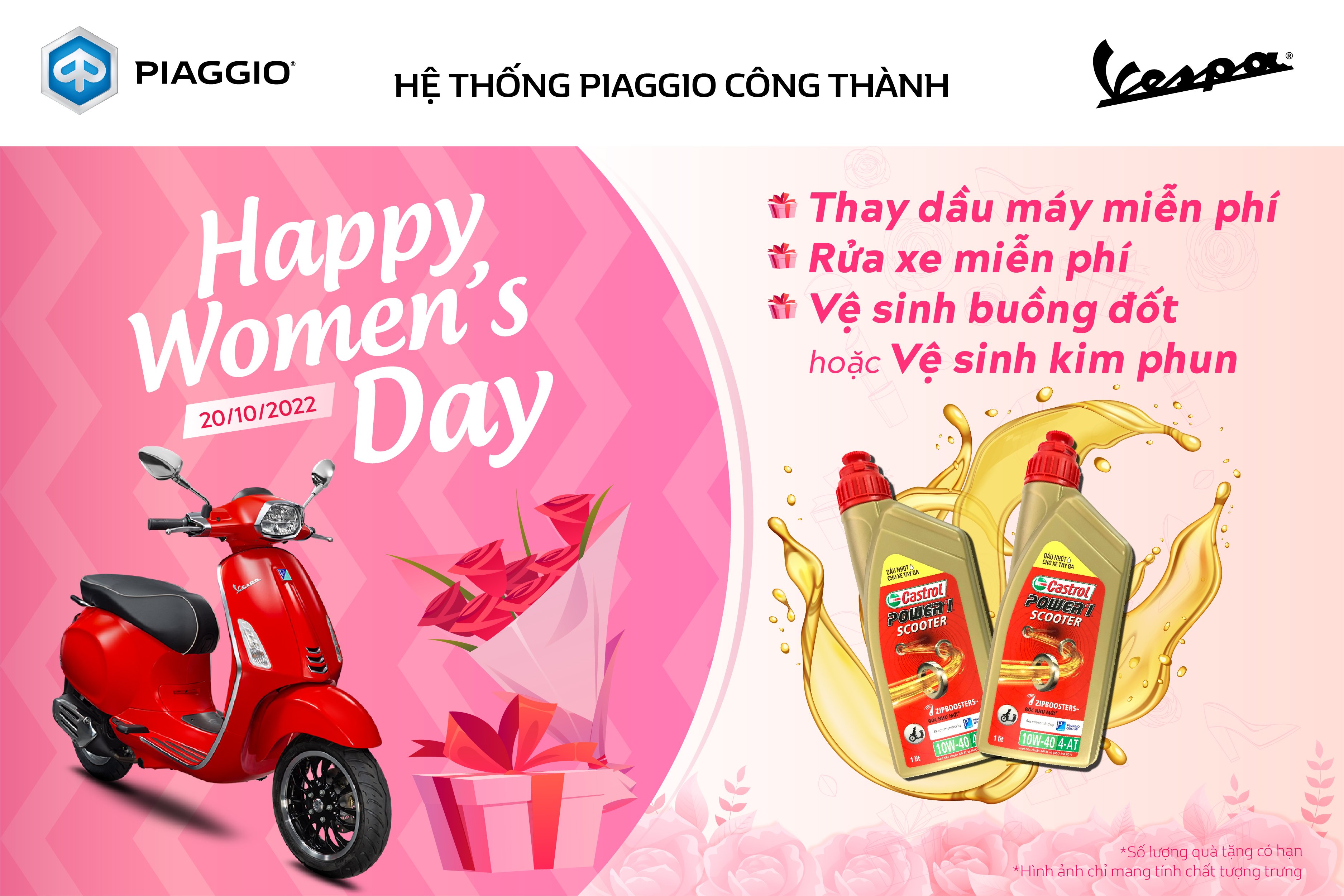 Piaggio tri ân 20/10: Năm nay, nhãn hàng xe Piaggio tri ân phụ nữ Việt Nam bằng chương trình khuyến mãi rực rỡ. Hãy xem hình ảnh và tận hưởng sự ấn tượng của nhãn hàng cùng mức giá ưu đãi hấp dẫn từ Piaggio dành cho ngày 20/10.